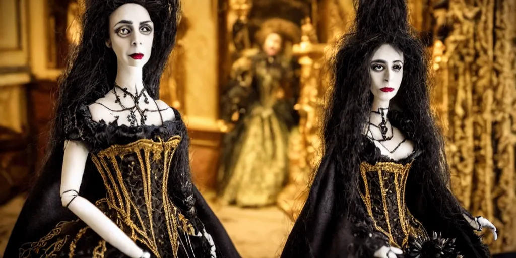 Image similar to photo taken of an epic intricate, ultra detailed, super realistic stop motion puppet of a majestic gracious regal aristocratic brunette female vampire and an indoor gothic filmset created by weta workshop and tim burton, menacing, wide angle, full body shots, photorealistic, sharp focus, gloomy, extremely cold blueish colour temperature, 3 5 mm, f 1. 4, golden ratio