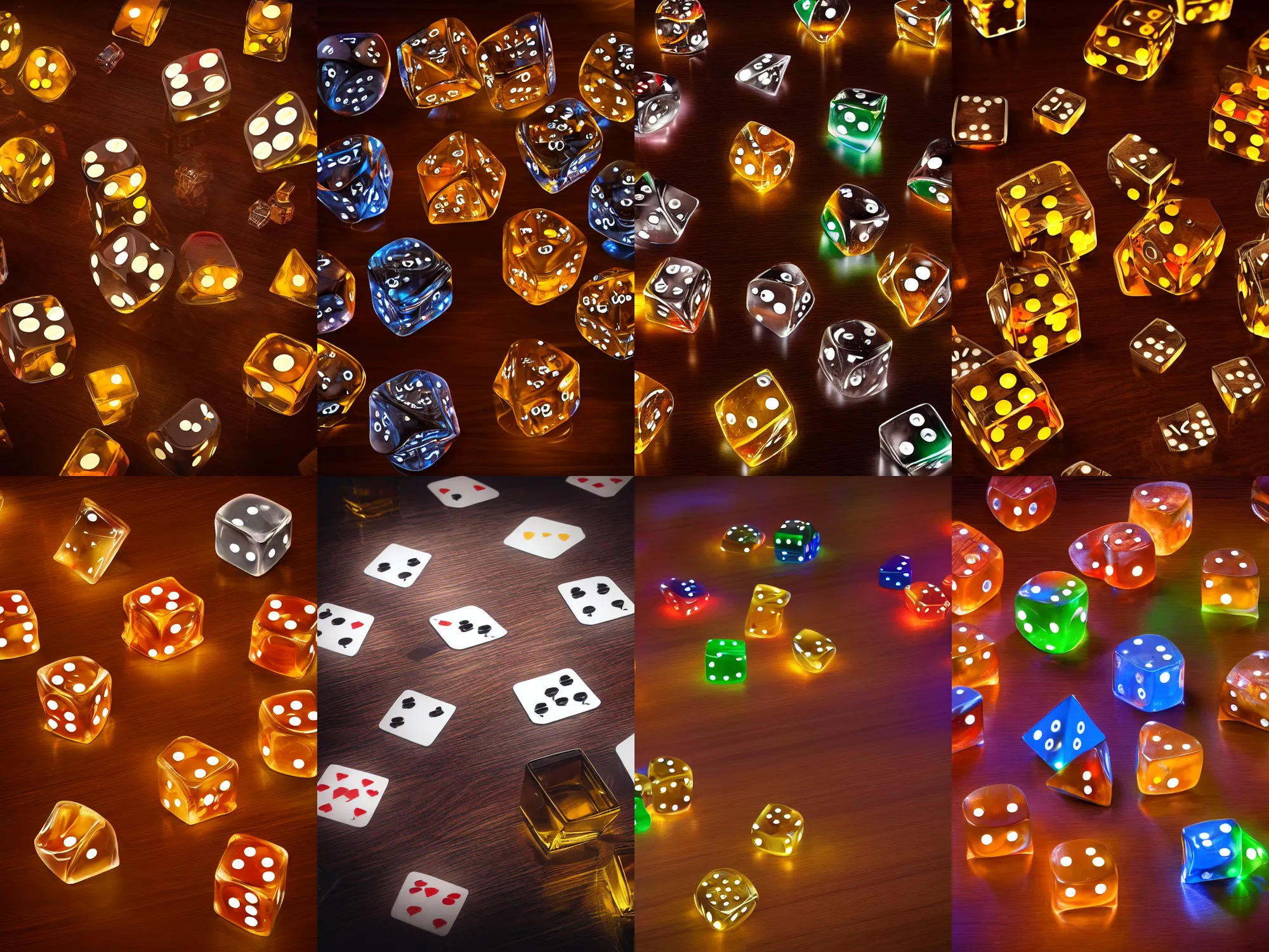 Prompt: dices from color glass, lots of dices everywere, whiskey in glas on table, night lights, 8 k realistic, hyperdetailed, beautiful lighting, detailed background, volume lights, smoke, dof, macro, corona render, redshift render, organic color, dark, warm color, wood