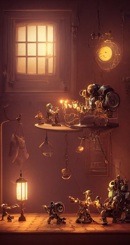 Image similar to a beautiful tapestry, a small robot playing 3 d chess, ultra detailed, subtle atmospheric lighting, shadows, night time, moonlight coming through a window, steampunk, moody, candles, moonlight, characters from machinarium, by don bluth, trending on artstation, octane render, 8 k, ultra realistic