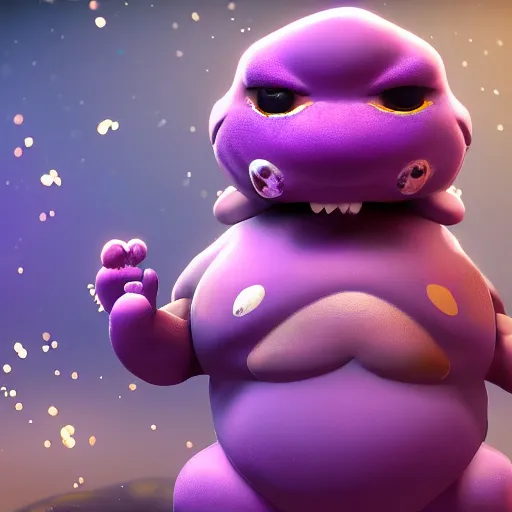 Image similar to chubby fat monster, purple scales ,cute, sparkle eyes, photorealistic, wearing skirt, 4k, unrealengine,