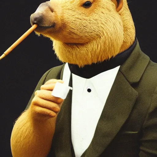 Image similar to a high detail photo of an antropomorphic capybara wearing a suit smoking a cigarrette, subject= duck, subject detail: wearing a suit, subject action: smoking a cigarrette photorealism