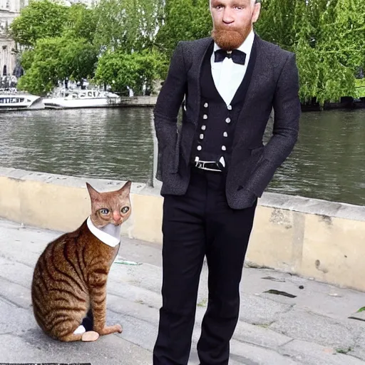 Image similar to mcgregor is dressed as a gentleman at early 2 0 th century paris. he is having a coffee at the banks of river seine. ewan mcgregor has a coffee cup on his hand. next to him is a small brown cat with yellow glowing eyes