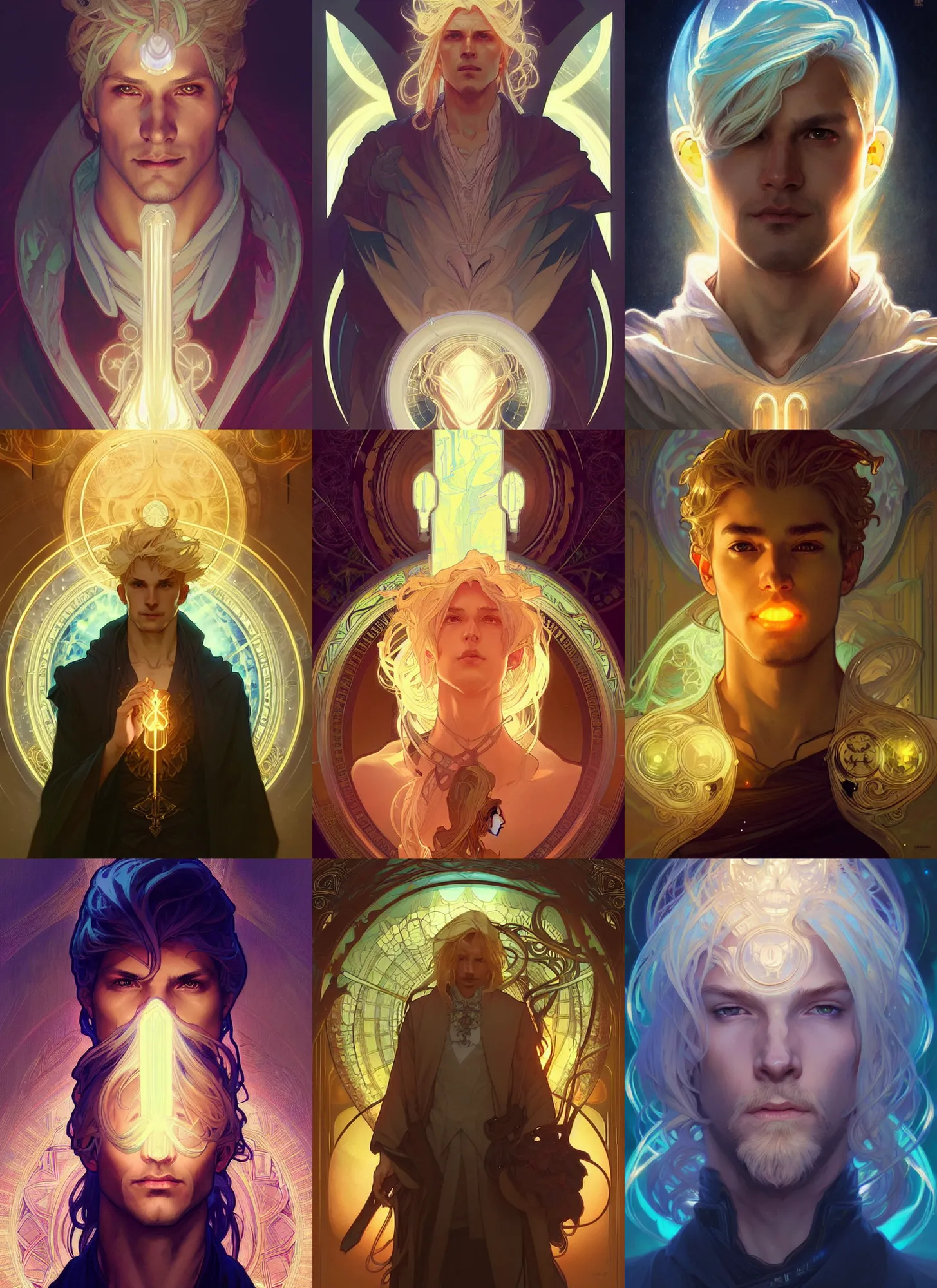 Prompt: loyalty in a future world art by artgerm and greg rutkowski and alphonse mucha. clear portrait of a male wizard with blonde hair, light effect. hyper detailed, glowing lights!!, bioluminescent, intricate, elegant, digital painting, artstation, smooth, sharp focus