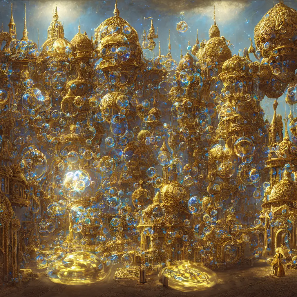 Prompt: soap bubble mind, symetrical highly detailed ornate with jewels and precious metals futuristic, sandman kingdom, outside view from castle kingdom of dreams, space ships, hiperrealistc, global illumination, radiant light, cosmic detailed and intricate environment, gold, silver, bronze, rubi, emerald, sapphire, aquamarine, topaz, art by andreas achenbach