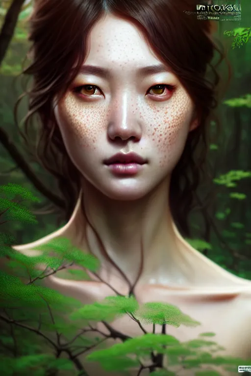 Image similar to beautiful digital painting of a hoyeon jung stylish female forest with high detail, real life skin, freckles, 8 k, stunning detail, works by artgerm, greg rutkowski and alphonse mucha, unreal engine 5, 4 k uhd