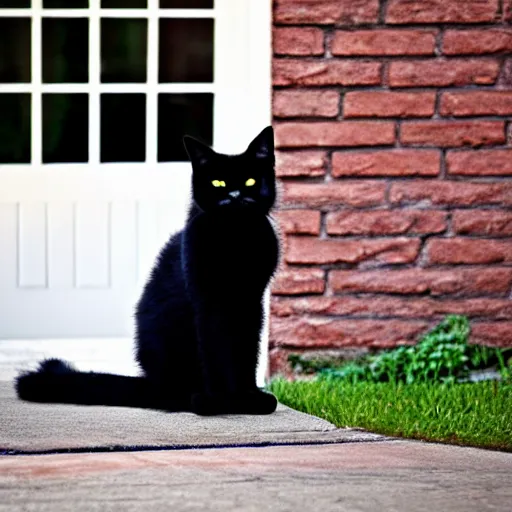 Image similar to a fluffy cute black cat sitting on the corner of a front yard outside in the late afternoon on a beautiful summer day, sunset