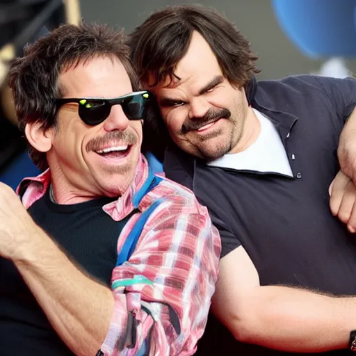 Image similar to ben stiller and jack black on rollercoaster, screaming!, hands in the air, highly detailed, high resolution, candid