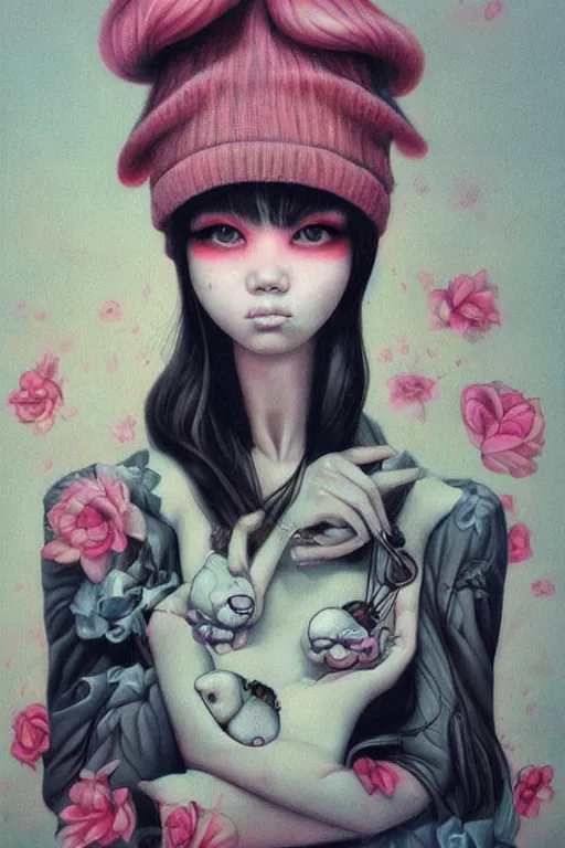 Prompt: pop surrealism, lowbrow art, realistic cute girl painting, japanese street fashion, hyper realism, muted colors, trevor brown style