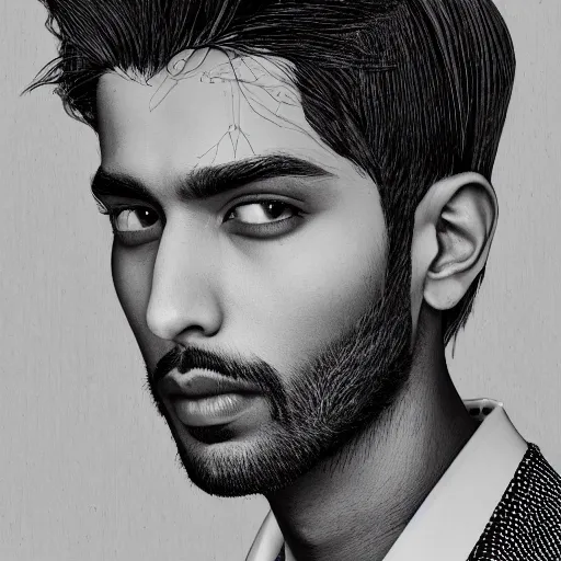 Image similar to portrait of a pakistani male model, an ultrafine detailed illustration by james jean, intricate linework, bright colors, final fantasy, behance contest winner, vanitas, angular, altermodern, unreal engine 5 highly rendered, global illumination, radiant light, detailed and intricate environment