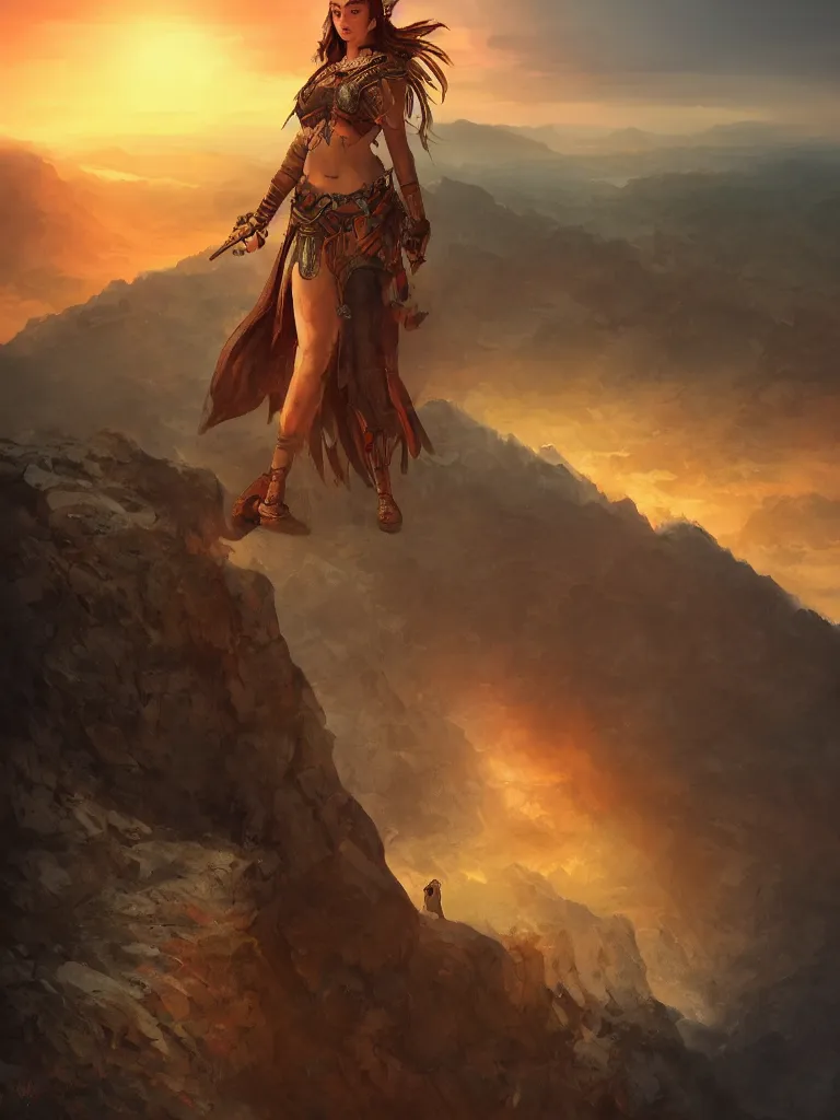 Prompt: an pretty warrior woman stands on a cliff facing the sun during a sunset, artistic composition, cinematic, highly detailed, sharp focus, intricate concept art, digital painting, colorful flat surreal design, hd, 8 k, artstation, ambient lighting