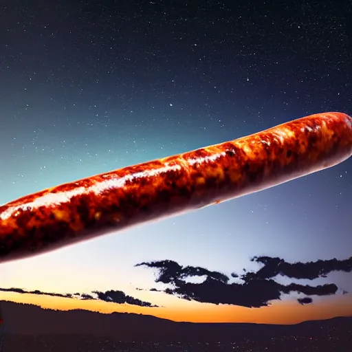 Image similar to CHORIZO sausage, night sky, 8k, photograph, photorealistic