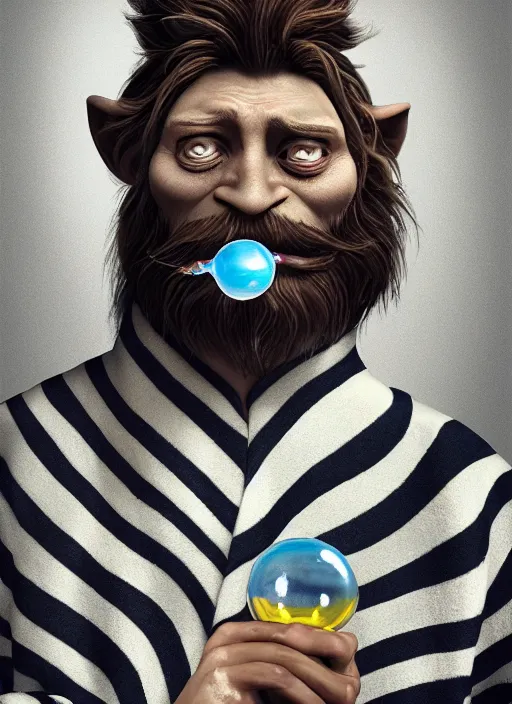 Prompt: an anthropomorphic beautiful male wizard portrait blowing bubbles wearing stripes robe, fine art, award winning, intricate, elegant, sharp focus, octane render, hyperrealistic, cinematic lighting, highly detailed, digital painting, 8 k concept art, art by jamie hewlett and z. w. gu, masterpiece, trending on artstation, 8 k