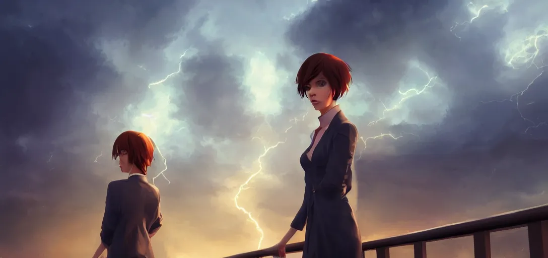 Prompt: a beautiful british woman with short vibrant brown hair, serious, somber amber eyes, standing on a bridge, storm in the distance, professional clothing, dress, digital art by makoto shinkai ilya kuvshinov and wojtek fus, digital art, concept art,