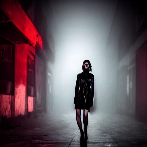 Prompt: supermodel in silent hill, heaven's night nightclub, 8 k, realistic, fashion photography