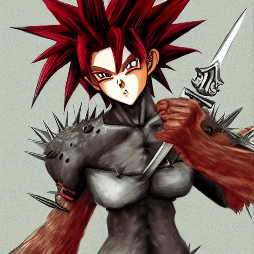 Image similar to realistic art style, saiyan girl, wild spiky red hair, long spiky hair, electrified hair, holding scimitar made of bone, scimitar, sword, jagged sword, curved sword, orkish sword, colorized, gray skin, hyper - detailed, primeval fantasy, prehistoric fantasy, drawn by frank frazetta