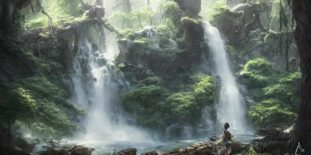 Image similar to waterfall in spring forest, d & d, fantasy, portrait, highly detailed, digital painting, trending on artstation, concept art, sharp focus, illustration, art by artgerm and greg rutkowski and magali villeneuve