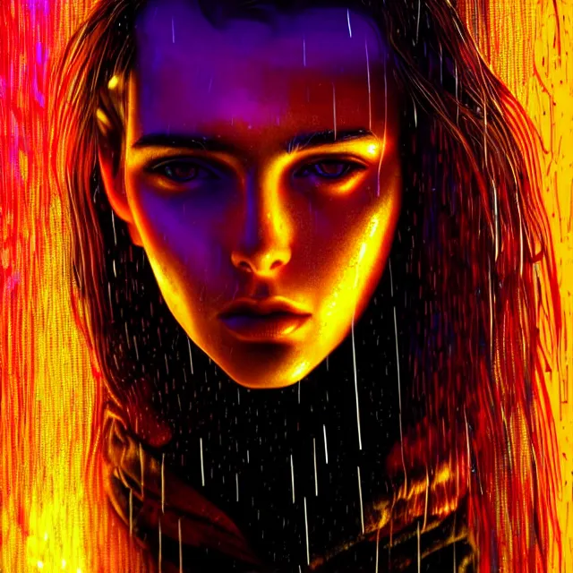 Image similar to bright asthetic portrait LSD glowing backlit rain on face and wet hair, cyberpunk, overhead lighting, fantasy, intricate, elegant, dramatic lighting, highly detailed, lifelike, photorealistic, digital painting, artstation, illustration, concept art, smooth, sharp focus, art by John Collier and Albert Aublet and Krenz Cushart and Artem Demura and Alphonse Mucha