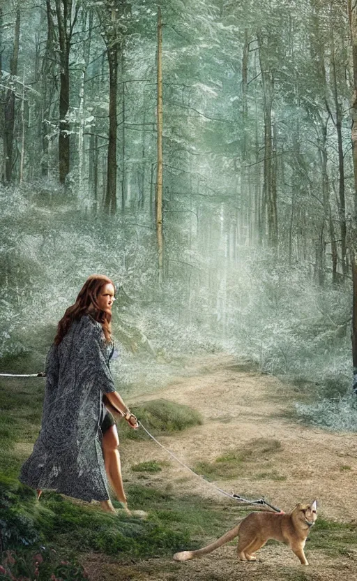 Image similar to beautiful woman walks her pet cougar on a leash thru a crystal forest, hyperreal, atmospheric, photorealistic photographed in the style of national geographic