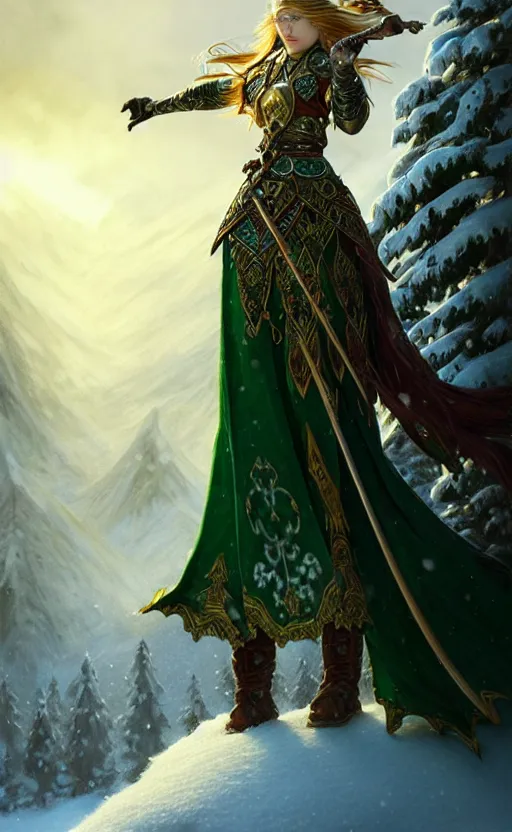 Image similar to emerald viking warrior, regal, elegant, winter, snow, beautiful, stunning, hd, illustration, epic, d & d, fantasy, intricate, elegant, highly detailed, wide angle, digital painting, artstation, concept art, smooth, sharp focus, illustration, wallpaper, art by artgerm and greg rutkowski and alphonse mucha and jin xiaodi