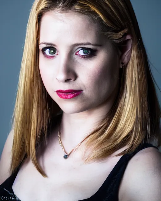 Prompt: A studio portrait of Buffy Summers as a vampire; bokeh, 90mm, f/1.4