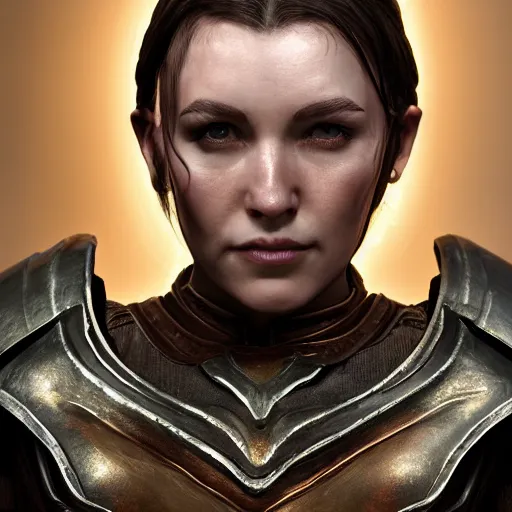 Image similar to the elder scrolls vi character brunette female portrait partially clothed in exquisitely deatiled metal - plated battle armour, atmospheric lighting, painted, intricate, volumetric lighting, beautiful, rich deep colors masterpiece, sharp focus, ultra detailed by leesha hannigan, ross tran, thierry doizon, kai carpenter, ignacio fernandez rios