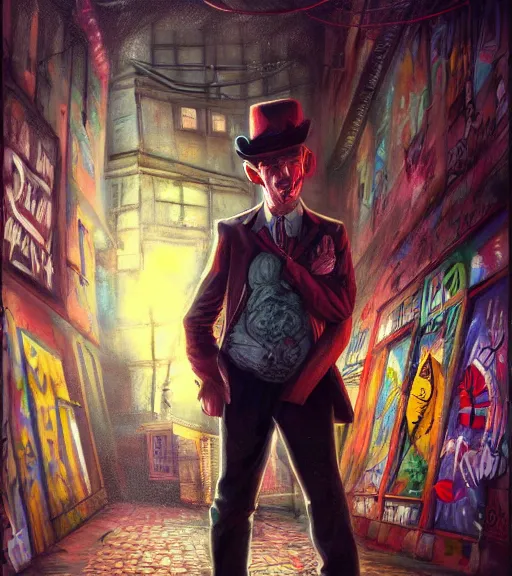 Prompt: Portrait of circus artist, alley with graffiti, dimly lit, wispy smoke, intricate, highly detailed, digital painting, artstation, concept art, sharp focus, illustration, art by einar jonsson