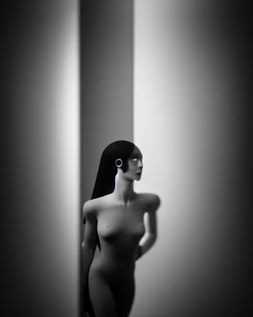 Image similar to black and white high quality photo of a beautiful female AI vegetal-cyborg looking into a sci-fi mirror, volumetric lighting, liminal space, brutalism, foggy, dreamy, shiny, hyperdetailed, bokeh, photorealistic, cinematic, masterpiece, Metropolis, elegant, dark, by Man Ray in the style of Horst P. Horst, octane render, 8K,