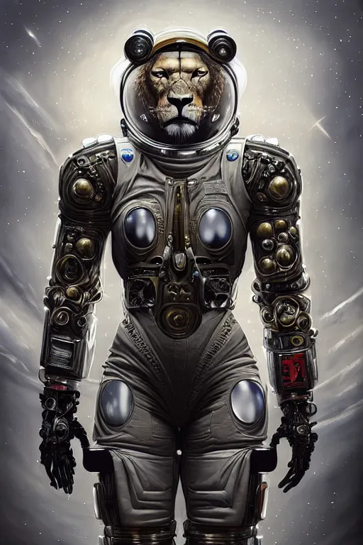 Prompt: a portrait of a muscular anthropomorphic cyberpunk lioness in spacesuit armor with ensignia on chest plate by sandra chevrier, by jon foster, detailed render, post - processing, extremely hyperdetailed, intricate, epic composition, cybernetics, 4 k realistic, cryengine, realistic shaded lighting, sharp focus, masterpiece, by enki bilal