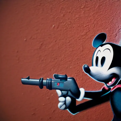 Image similar to shadow on the wall at a party of mikey mouse with a gun.