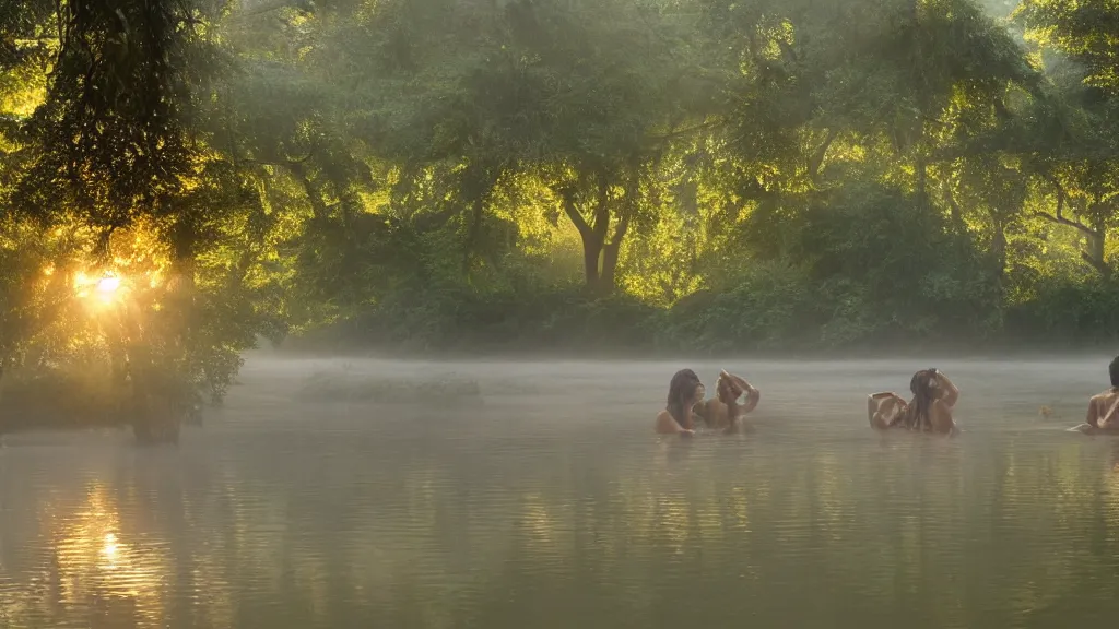 Image similar to lord shiva and his wife goddess parvati, bathing on a river, foggy morning, sun rays, atmospheric and heavenly photo