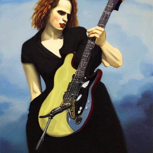 Prompt: Anna Calvi playing electric guitar, oil painting by Gerald Brom, masterpiece