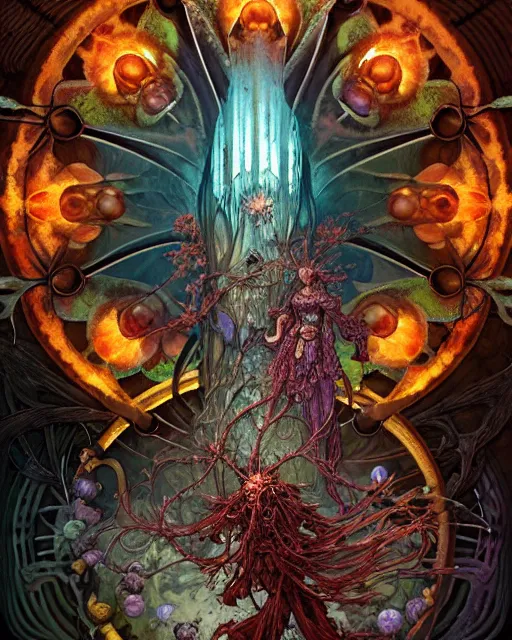 Image similar to the platonic ideal of flowers, rotting, insects and praying of cletus kasady carnage davinci dementor wild hunt chtulu mandelbulb mandala ponyo bioshock the witcher, d & d, fantasy, ego death, decay, dmt, psilocybin, concept art by randy vargas and greg rutkowski and ruan jia and alphonse mucha