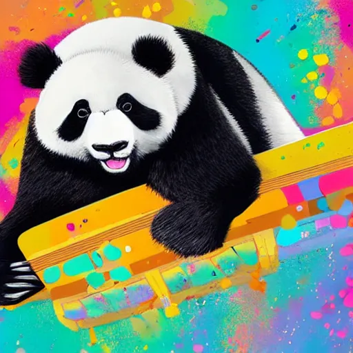 Prompt: colorful illustration of panda in headphones, colorful splatters, by andy wrahol and zac retz and kezie demessance