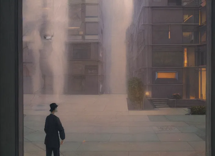 Image similar to portrait of man outside office building with ghost, cynical realism, painterly, yoshitaka amano, miles johnston, moebius, beautiful lighting, miles johnston, klimt, tendrils, in the style of, louise zhang, victor charreton, james jean, two figures, terrence malick screenshots, ghibli screenshot