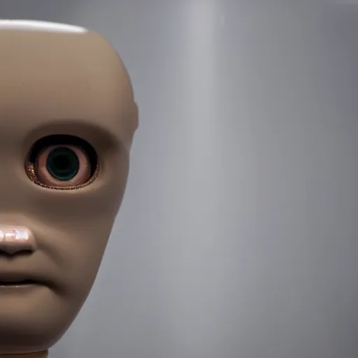 Image similar to close up portrait of a humanoid robot with a light bulb head and light is coming out of it, polaroid, photo taken in a back storage room, the robot's face has an uncanny valley quality, the robot has a sullen and forlorn look on its face, its face and body look almost human