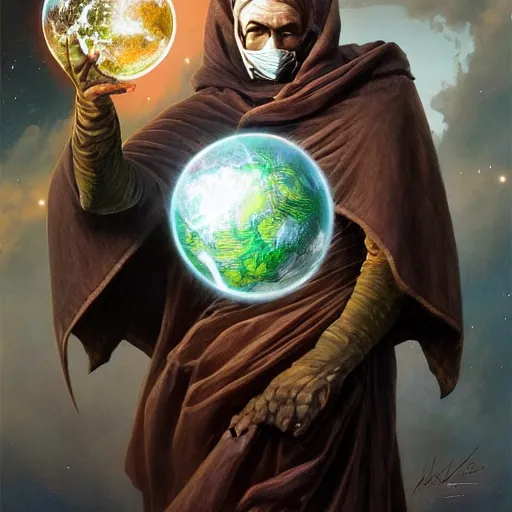 Image similar to masked nomad male wearing a cloak on an alien world and holding a holographic planet projection in his hand, detailed, sci - fi, digital painting, artstation, sharp focus, illustration, ominous, artgerm, tomasz alen kopera, peter mohrbacher, donato giancola, joseph christian leyendecker, wlop, frank frazetta