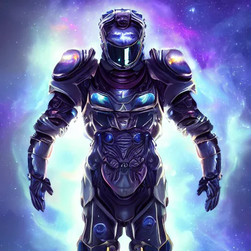 Image similar to photorealistic fantasy cosmic concept art of a cosmic nebula God in dark matter armor hovering in a unknown galaxy, fully body portrait, cinematic, dynamic lighting, ultra detailed, creative, trending on art station