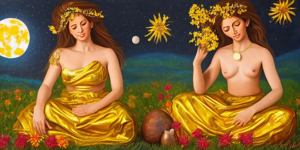 Prompt: very realistic beautiful painting of a goddess wearing a short metallic golden skirt covering her whole body holding flowers and levitating a pear, sun on the left moon on the right as she is sitting on a rock at night time, realistic 8K HD