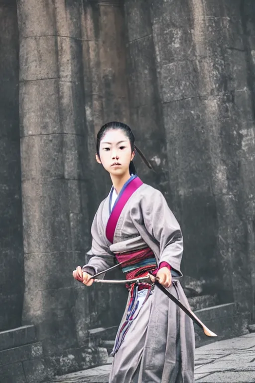 Image similar to highly detailed beautiful photo of a young female samurai, practising sword stances in a ancient temple, symmetrical face, beautiful eyes, realistic anime art style, 8 k, award winning photo, pastels, action photography, 1 / 1 2 5 shutter speed, dramatic lighting