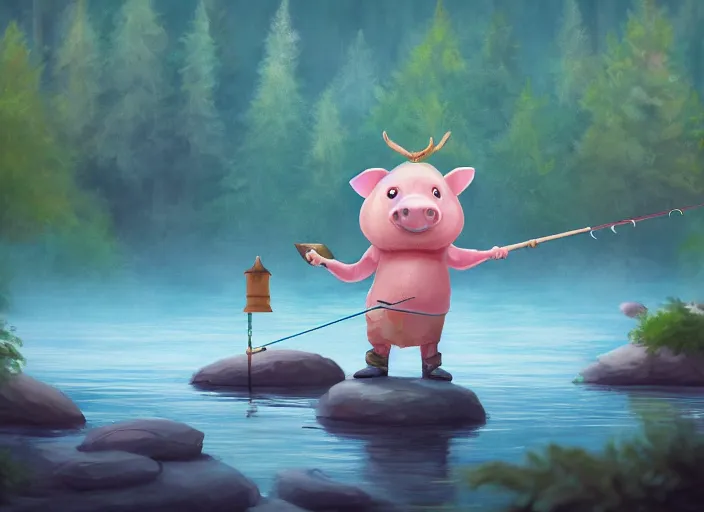 Prompt: a cartoonish cute anthropomorphic pig is fishing on a lake in a mystical forest full of wonders, pine trees, magical atmosphere, trending on artstation, 30mm, by Noah Bradley trending on ArtStation, deviantart, high detail, stylized portrait