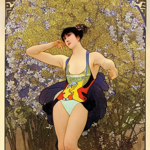 Prompt: a young gorgeous Chinese woman wearing sport racing competitive one piece swimsuit leotard, worksafe, by Alphonse Mucha