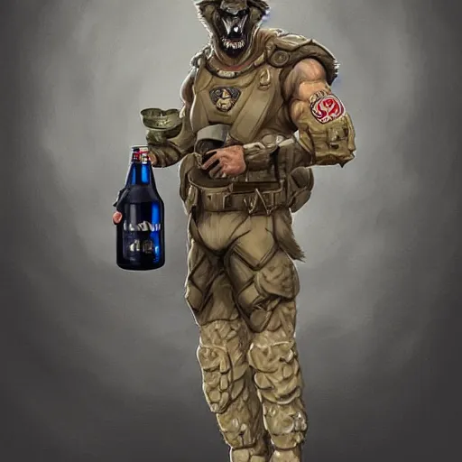 Image similar to a humanoid german shepherd beast - man in military style, holding a bottle of beer, artstation, concept art, smooth, sharp foccus ilustration, artstation