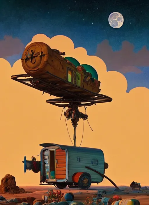 Image similar to gypsy caravan by paolo eleuteri serpieri and tomer hanuka and chesley bonestell and daniel merriam and tomokazu matsuyama, clouds, moon, sun, unreal engine, high resolution render, featured on artstation, octane, 8 k, highly intricate details, vivid colors