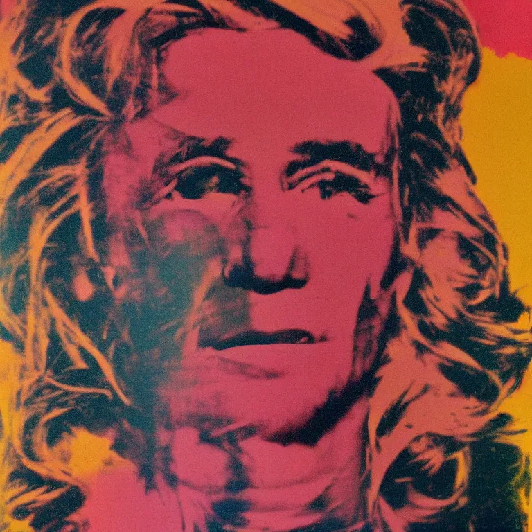 Image similar to Glitch-art portrait of Andy Warhol in style of John Nelson, realistic, 35mm