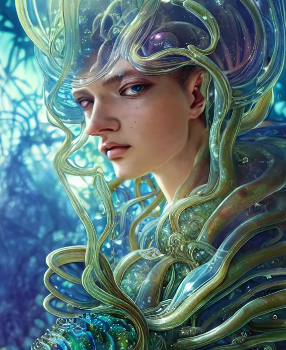 Prompt: intricate ornate opulent transparent clear see - through portrait of a beautiful male gundam alien sea slug, mottled coloring, adorable, childlike, overgrown jungle environment, ultra realistic, concept art, art nouveau, photorealistic, octane render, 8 k, unreal engine. art by christopher marley and artgerm and greg rutkowski and alphonse mucha