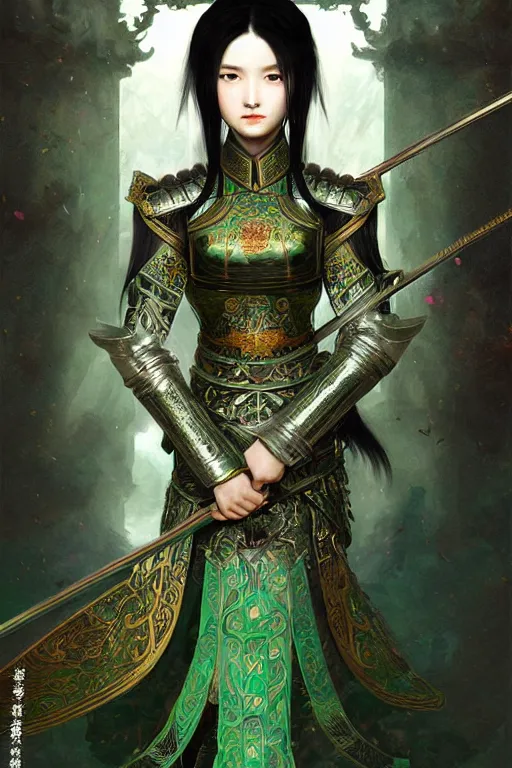 Image similar to portrait black hair young knights of Dynasty Warriors girl, metallic green armor, in ruined chinese palace, ssci-fi and fantasy, intricate and very beautiful and elegant, highly detailed, digital painting, artstation, concept art, smooth and sharp focus, illustration, art by tian zi and WLOP and alphonse mucha