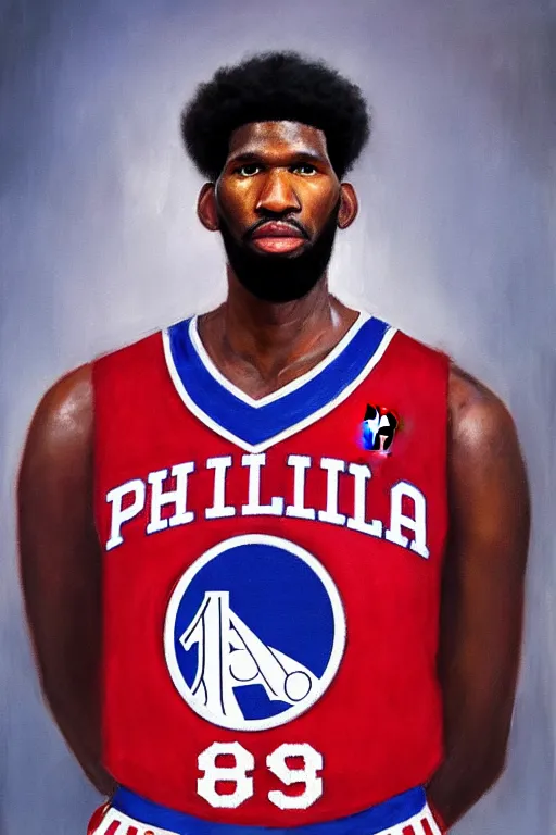 Prompt: full body portrait of the dictator of the philadelphia 7 6 ers, 1 8 8 9, in full military garb, joel embiid, oil on canvas by william sidney mount, trending on artstation