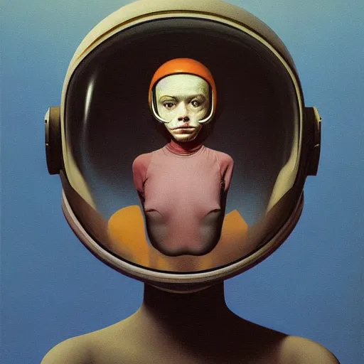 Prompt: portrait An astronaut girl wearing helmet with black latex suit, Edward Hopper and James Gilleard, Zdzislaw Beksinski, Mark Ryden, Wolfgang Lettl highly detailed