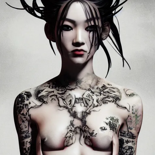 Prompt: japanese gothic model with maximalist hair style and kanji tattoos, style of trinity from the matrix, dark colors, fashion model, portrait shot, depth of field, 8 k, hyper detailed, intricate, trending on artstation