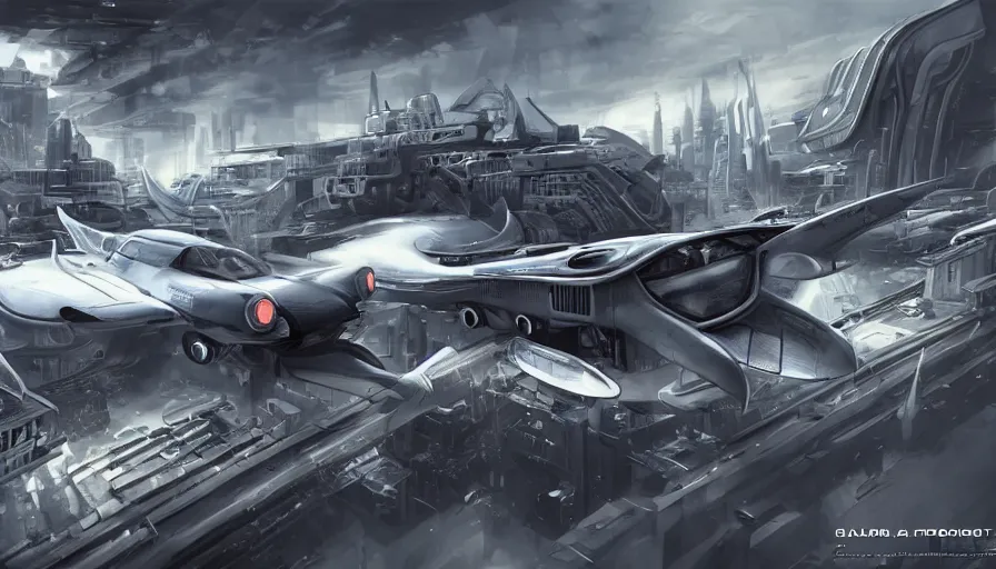 Image similar to Oldtimer Car with Jet Engines for wheels flying through a futuristic city, action shot, concept art, highly detailed